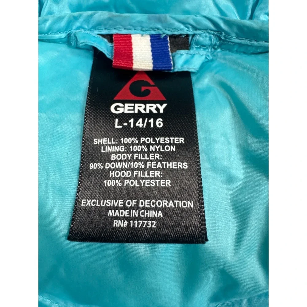 Gerry Puffer Jacket Girls L(14/16) Teal Fill Power 650 Insulated Hooded Outdoor
